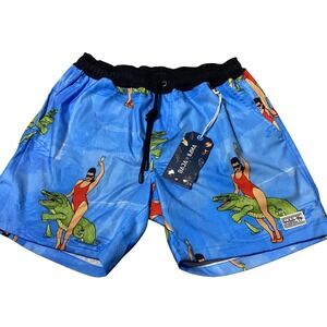 Baja Llama Swim Trunks Mens Blue Novelty Alligator Swimwear Shorts - Size S -NWT